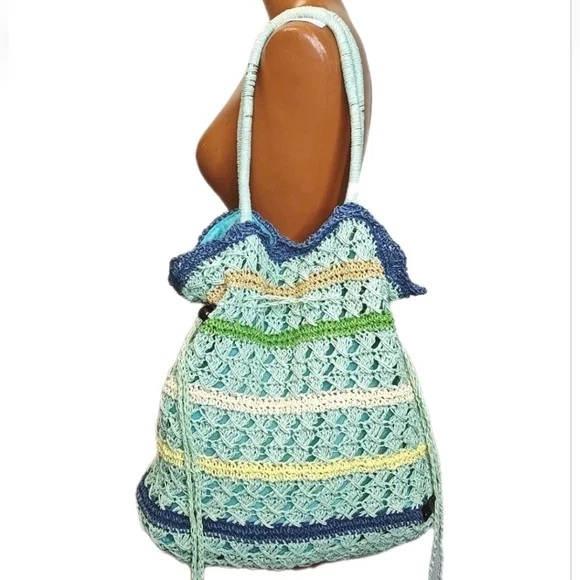 Altamar By Monica Q Raffi Resort Cruise Beach Bucket Bag Tote Beaded Drawstring - Picture 3 of 13